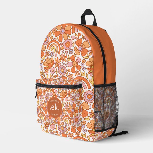 Groovy Retro Orange Florals Monogram Bedruckter Rucksack (Rückseitige Ecke Rechts)