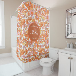 Groovy Retro Orange Florals Monogram Duschvorhang