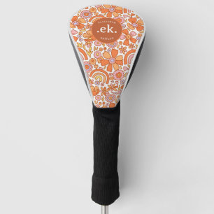 Groovy Retro Orange Florals Monogram Golf Headcover