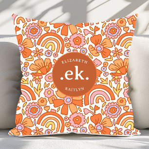 Groovy Retro Orange Florals Monogram Kissen