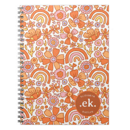 Groovy Retro Orange Florals Monogram Notizblock