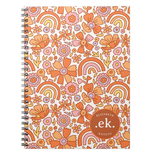 Groovy Retro Orange Florals Monogram Notizblock (Vorderseite)