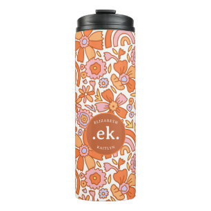 Groovy Retro Orange Florals Monogram Thermosbecher