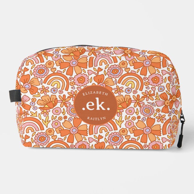 Groovy Retro Orange Florals Monogram Waschbeutel (Vorderseite)