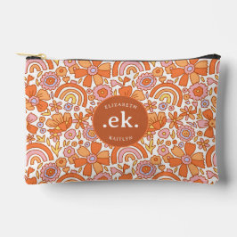 Groovy Retro Orange Florals Monogram Zubehörtasche