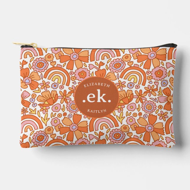 Groovy Retro Orange Florals Monogram Zubehörtasche (Vorderseite)