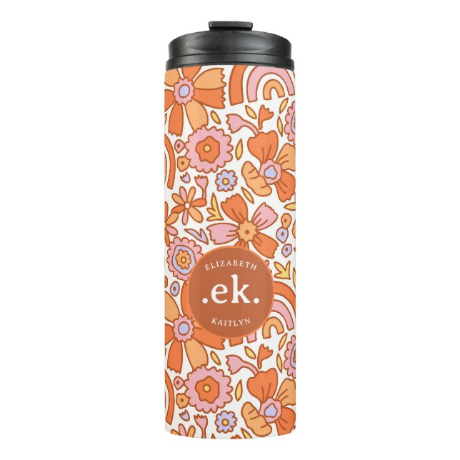 Groovy Retro Orange Florals Monogramm Thermosbecher (Vorderseite)