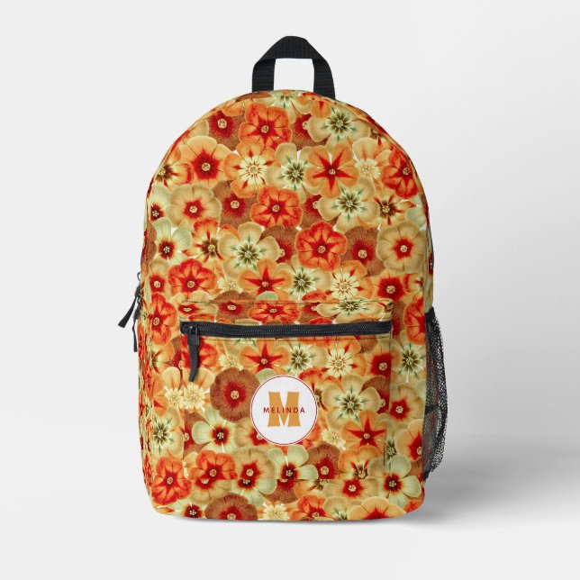 Groovy Retro Orange Hippie Flowers Monogram Bedruckter Rucksack (Vorderseite)