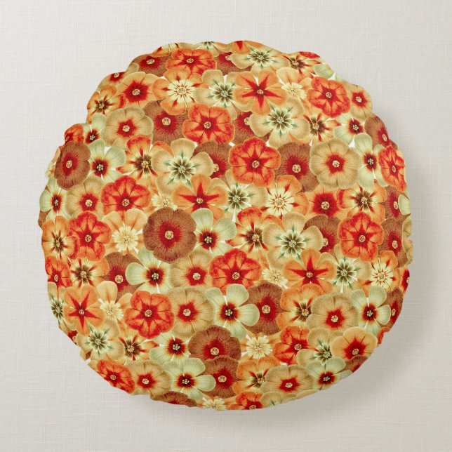 Groovy Retro Orange Hippie Flowers Pattern Rundes Kissen (Vorderseite)