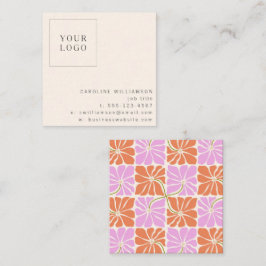 Groovy Retro Orange Pink Floral Logo Creative Quadratische Visitenkarte
