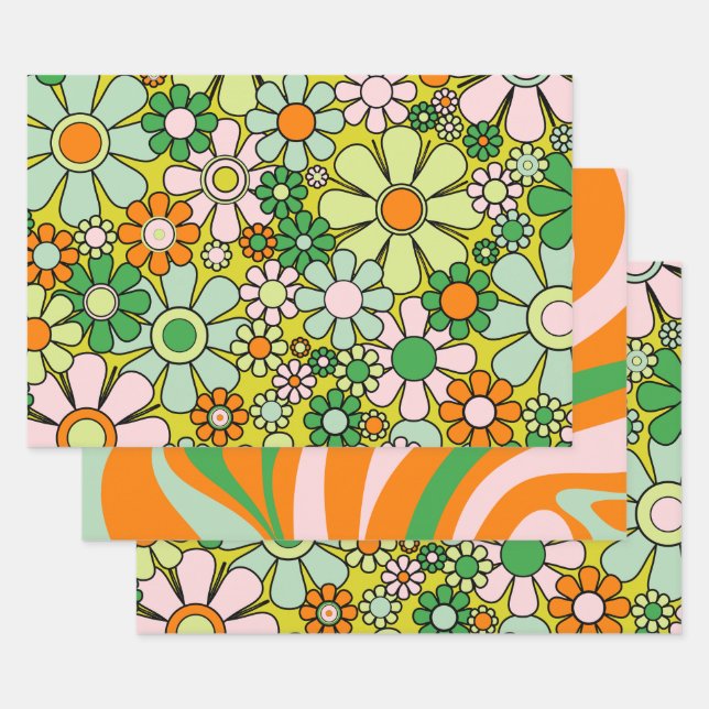 Groovy Retro Patterns 60er 70er Orange Green Geschenkpapier Set (Set)