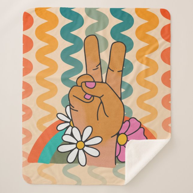 Groovy Retro Peace Sign Blume Rainbow Sherpadecke (Vorderseite)