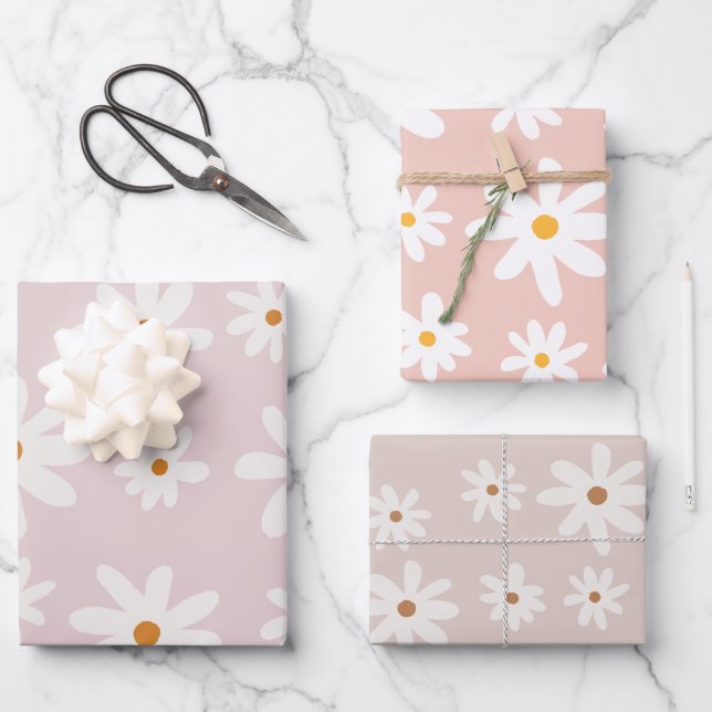 Groovy Retro Pink Brown Daisy Floral Geschenkpapier Set (Vorderseite)
