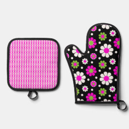 GROOVY RETRO PINK GREEN WHITE DAISY BLUME OFENHANDSCHUH & Topflappen-Set