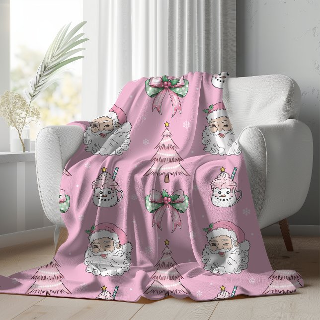 Groovy Retro Pink Santa Claus Wink Sherpa Blanket Sherpadecke (Groovy Retro Pink Santa Claus Wink Sherpa Blanket, draped over white couch)