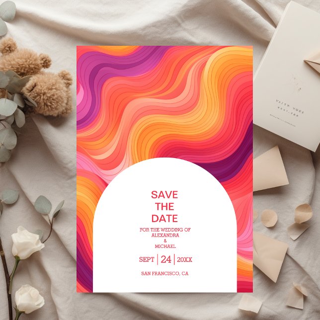 Groovy Retro Pink und Orange Arch Wedding Save The Date (Von Creator hochgeladen)