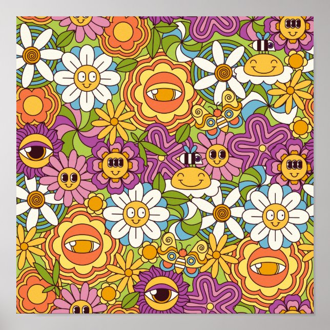 Groovy Retro Psychedelic Flower Garden Muster Poster (Vorne)