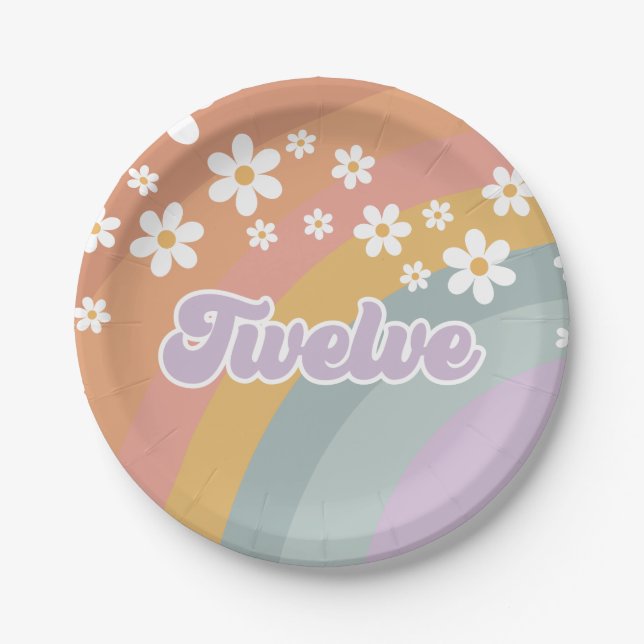 Groovy Retro Rainbow 12. Geburtstag Pappteller (Vorderseite)