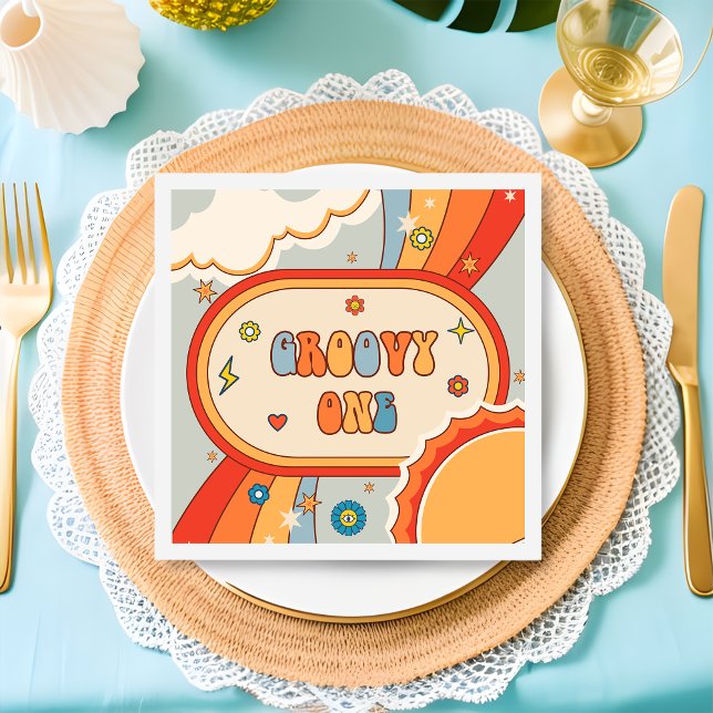 Groovy Retro Rainbow Birthday Party Napkins Serviette (Von Creator hochgeladen)