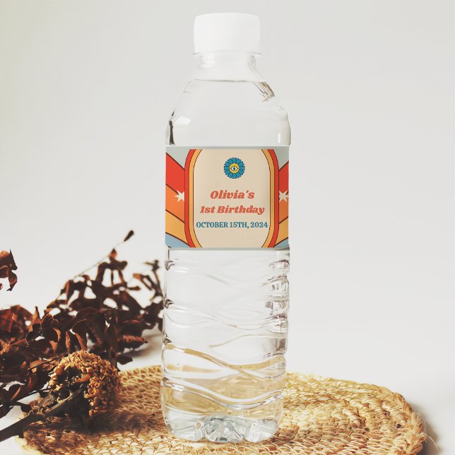 Groovy Retro Rainbow Birthday Party Wasserflaschenetikett (Von Creator hochgeladen)