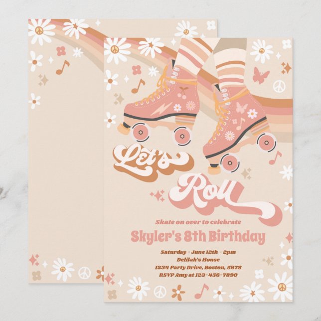 Groovy Retro Rainbow Roller Skaten Birthday Party Einladung (Vorne/Hinten)