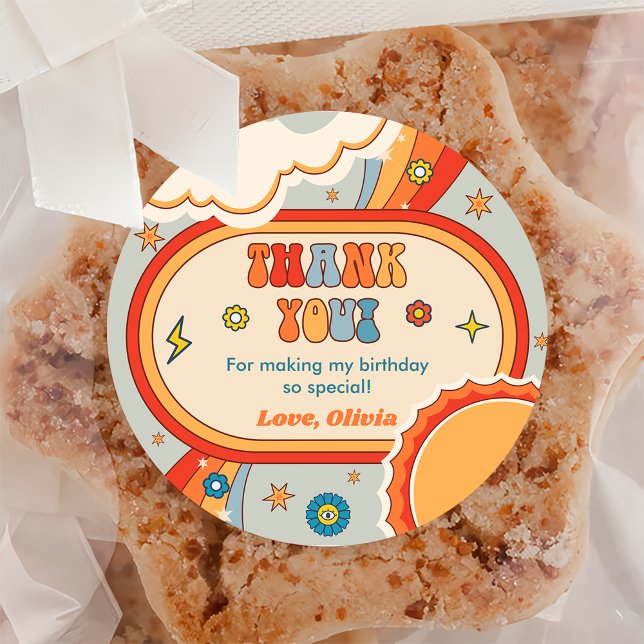 Groovy Retro Rainbow Vielen Dank für Ihre Geburtst Runder Aufkleber (Von Creator hochgeladen)