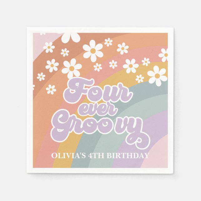 Groovy Retro Rainbow Vier je Groovy 4. Geburtstag Serviette (Vorderseite)