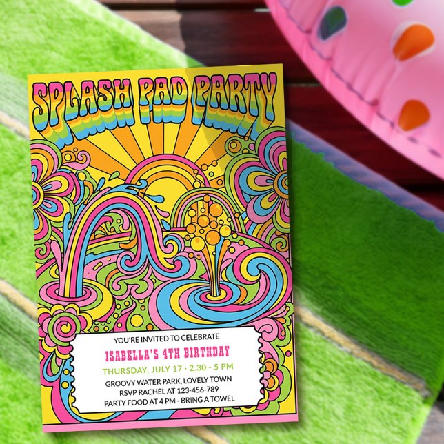 Groovy Retro Regenbogen-Splash-Pad Kindergeburtsta Einladung (Splash Pad birthday invitation for kids pool party, water park, park picnic etc.)