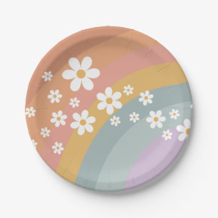 Groovy Retro Regenbogen und Gänseblümchen-Papierte Pappteller