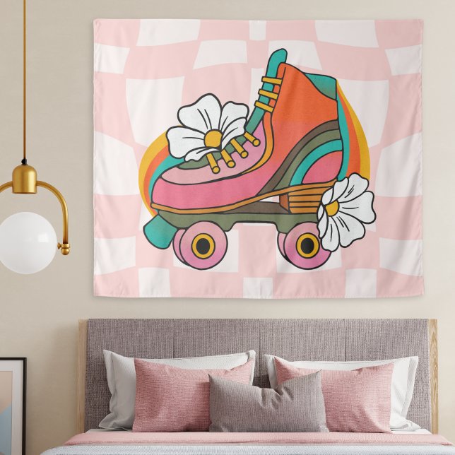Groovy Retro Roller Skate 60er Hippie Rainbow Wandteppich (Groovy roller skate retro tapestry hippie wall hanging pink checkered print, college dorm room decor)