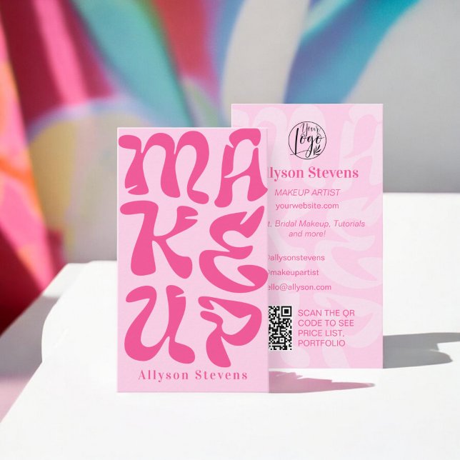 Groovy Retro rosa Logo qr Code Makeup Visitenkarte (Groovy retro pink logo qr code Makeup Business Card)