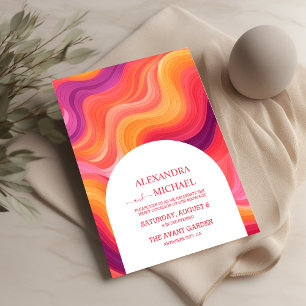 Groovy Retro Rosa und Orange Bogen Hochzeit Einladung