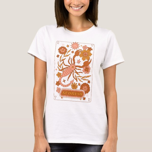 Groovy Retro Scorpio Horoskop Astrologie Brown T-Shirt (Vorderseite)