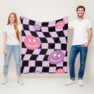 Groovy Retro Smiley Checkerboard, Y2K 90s Fleecedecke