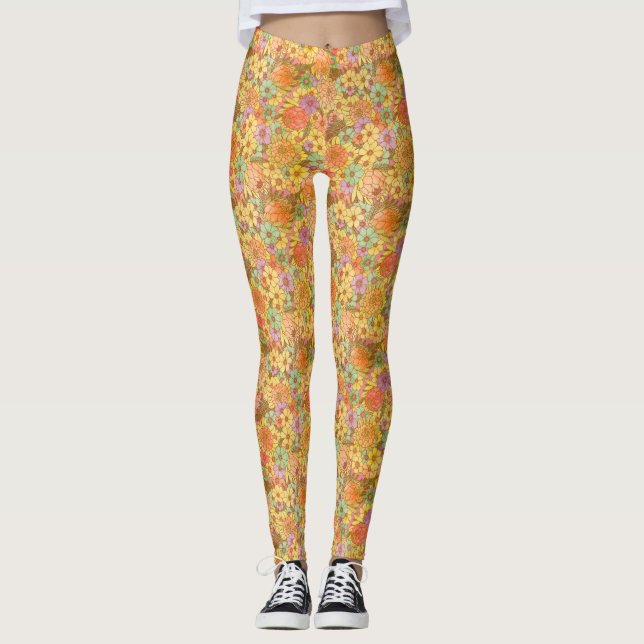Groovy Retro Sommerzeit Protea und Daisy Muster Leggings (Vorderseite)