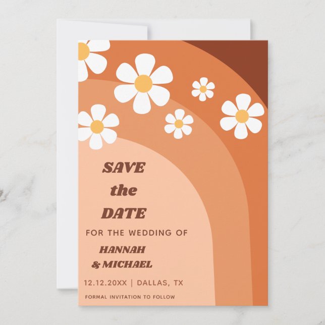 Groovy Retro Terracotta Boho Rainbow Daisy Floral Save The Date (Vorderseite)
