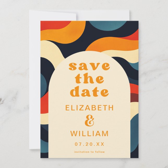 Groovy Retro Wavy Boho Hochzeit Foto QR Code Save The Date (Vorderseite)