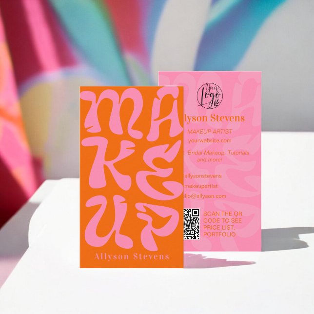 Groovy Retroorange Logo qr Code Makeup Visitenkarte (Groovy retro orange logo qr code Makeup Business Card)
