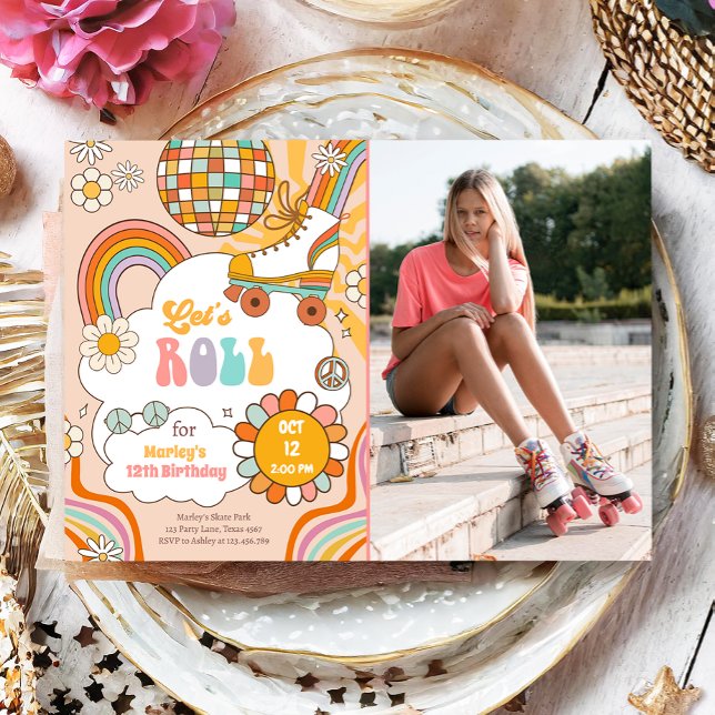 Groovy Roller Skate Retro 70er Rainbow Birthday Einladung (Von Creator hochgeladen)