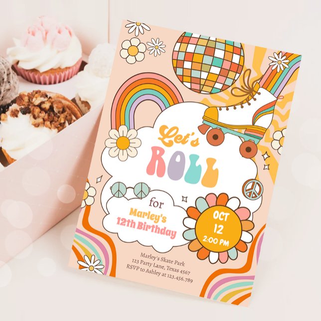 Groovy Roller Skate Retro 70er Rainbow Birthday Einladung (Von Creator hochgeladen)