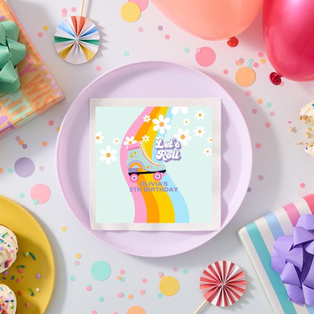 Groovy Rollerskating Retro Rainbow Birthday Serviette (Von Creator hochgeladen)