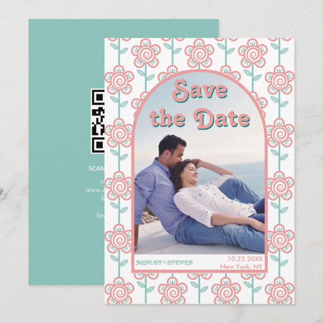 Groovy rosa und aqua Blume 70er inspiriert Foto Save The Date (Vorne/Hinten)