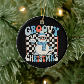 Groovy Schneemann karierter Weihnachten Xmas Kinde Keramik Ornament