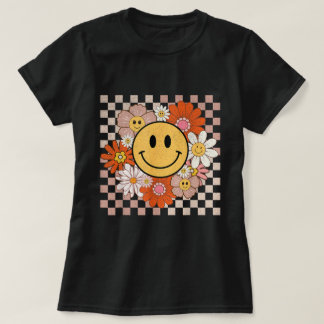 Groovy Smile Happy Face Blume Checkered Hippie T-Shirt
