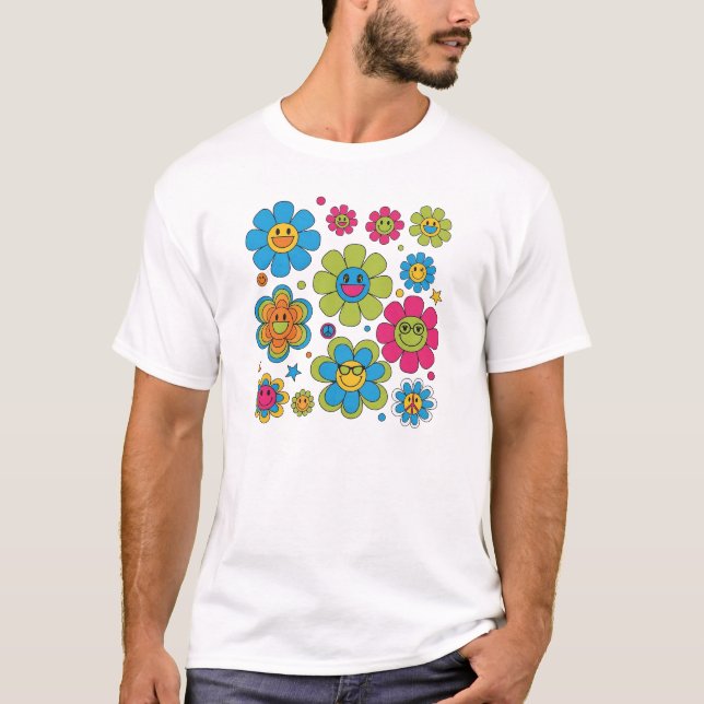 Groovy Smiley Blume | 70er Retro Vibe Design T-Shirt (Vorderseite)