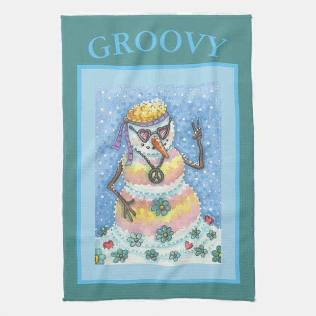 GROOVY SNOWMAN FRIEDENSSIGN, CHRISTMAS KITCHEN TOW GESCHIRRTUCH (Vertikal)