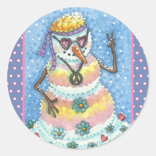 GROOVY SNOWMAN, PEACE SIGN CHRISTMAS STICKERS RUND