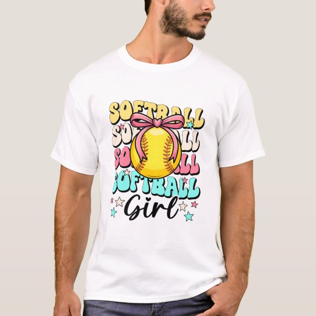 Groovy Softball Mädchen Mädchen Coquette Bogen Sof T-Shirt (Vorderseite)