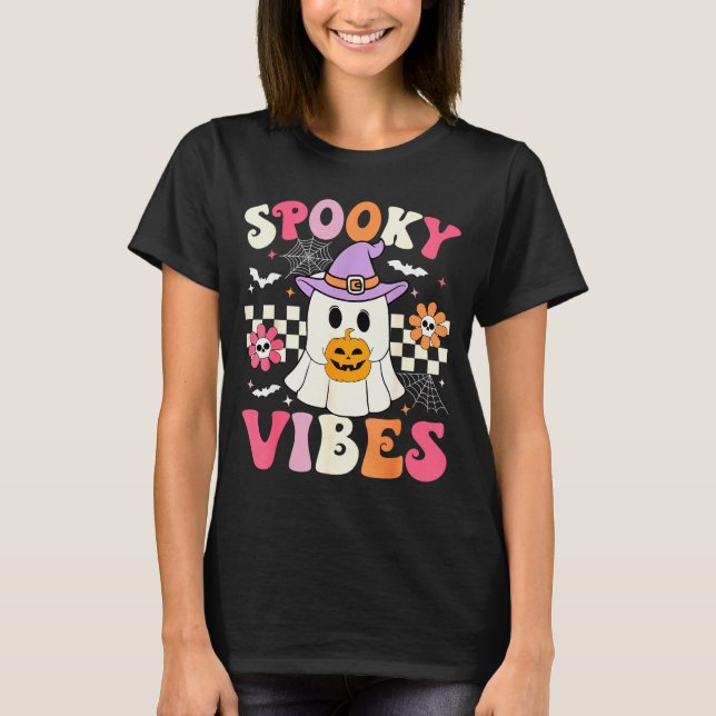 Groovy Soky Vibes Retro Ghost Holding Pumpkin Hall T-Shirt (Vorderseite)