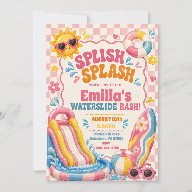 Groovy Splish Splash Mädchen-Geburtstag Einladung (Vorderseite)